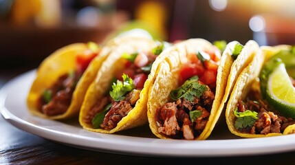 A mouthwatering selection of tacos filled with vibrant ingredients, served on a black platter in a cozy restaurant setting, showcasing the flavors of Mexican cuisine..