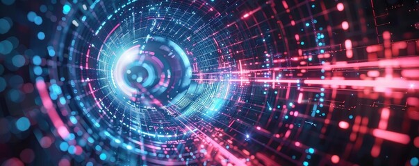 Poster - A vibrant digital tunnel with glowing blue and pink lights, illustrating concepts of technology and data flow.