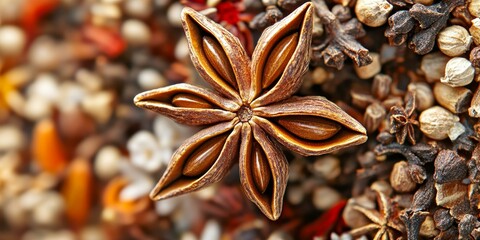 Wall Mural - Closeup of a star anise among spices.