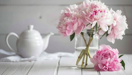 Pink Peonies in a Glass Jar: A Lovely Addition to a White Tea Setting