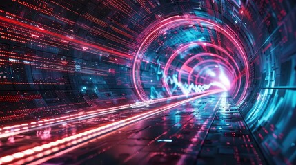 Aufkleber - Vibrant digital tunnel with glowing lights, illustrating speed and technology in a futuristic environment.