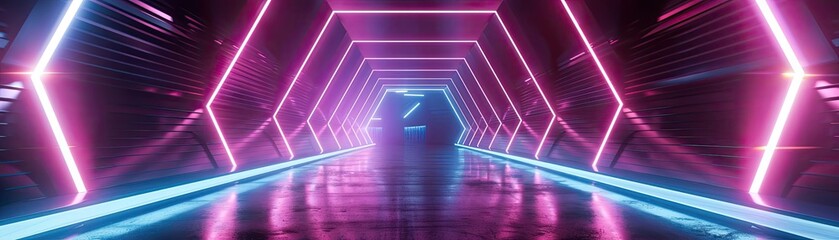 Poster - Futuristic tunnel with vibrant neon lights creating a dynamic and immersive atmosphere for design and technology themes.