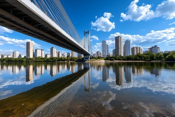 panoramic photo, city bridge, spanning a river shows the engineering marvel and the connection betwe