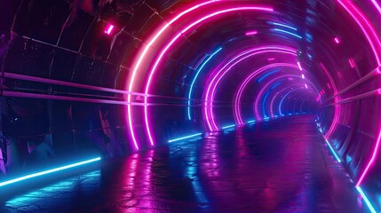 Poster - A vibrant tunnel illuminated with neon lights in pink and blue, creating a futuristic and dynamic atmosphere.