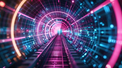 Poster - An abstract representation of a futuristic tunnel with vibrant colors and glowing lights, perfect for technology-themed projects.