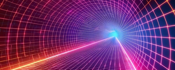 Poster - A vibrant tunnel of light featuring neon colors and geometric patterns, ideal for tech and futuristic themes.