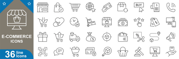 Wall Mural - e-commerce icons set. shopping, cart, online, payment, product, search, discounts, offers, customer,