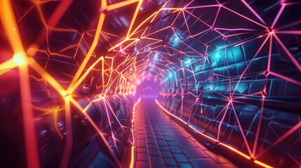 Poster - A vibrant, futuristic tunnel illuminated by neon lights, showcasing a dynamic and creative atmosphere for imaginative concepts.