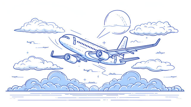 Continuous line sketch of a travel aircraft vector