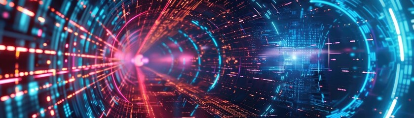 Poster - Vibrant abstract tunnel with glowing lights and digital effects, representing technology and futuristic concepts.