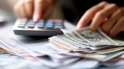 Poster - Close-up of hands using a calculator and counting cash, placed over a stack of documents, illustrating financial planning and budgeting.
