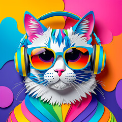  illustration of cat with headphones and sunglasses on the abstract background.