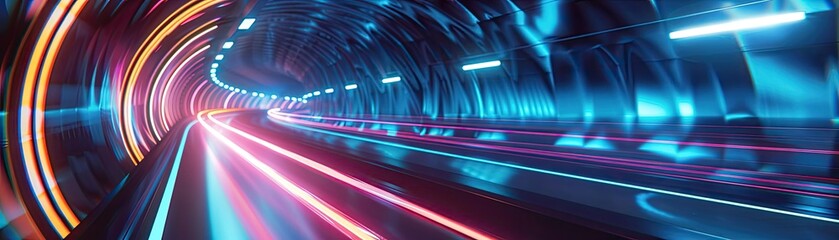 Poster - A vibrant tunnel with dynamic lights and digital effects, creating a futuristic atmosphere. Perfect for tech and travel themes.