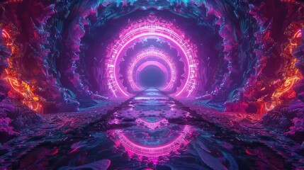 Poster - A vibrant digital tunnel with neon colors and reflections, creating a mesmerizing and futuristic atmosphere.