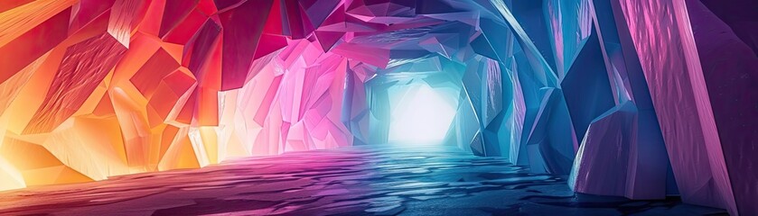 Poster - A vibrant, colorful cave illuminated by a bright light, reflecting on serene water surfaces, creating an ethereal atmosphere.