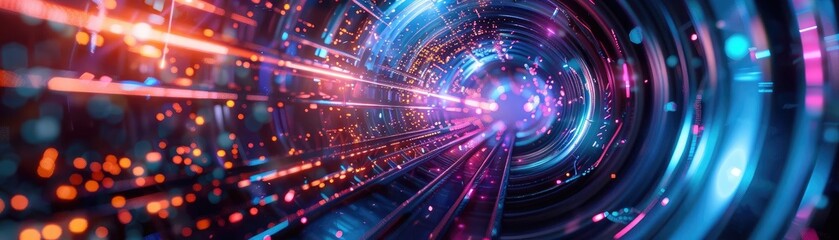 Poster - Vibrant digital tunnel with glowing lights, perfect for technology and abstract themes.