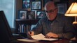© SSTC AI Photo&Video - A senior man, wearing glasses, carefully reviews and signs documents while working at his home office desk in a dimly lit room..
