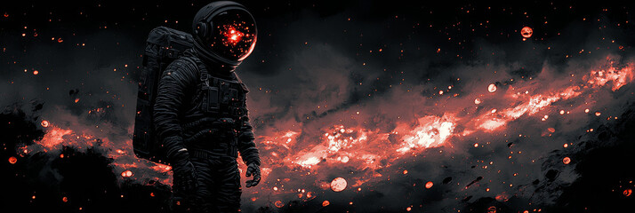 Wall Mural - An astronaut stands against a fiery red backdrop of stars and planets in space, a sense of mystery and awe.