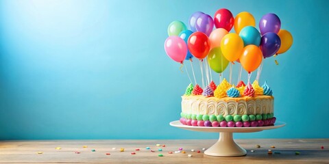 A festive birthday cake surrounded by colorful balloons for a holiday celebration