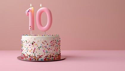 Sweet Celebration: 10 Years With A Birthday Cake and Pink Background