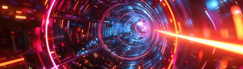 Poster - Vibrant abstract tunnel with neon lights and dynamic motion, ideal for technology and science fiction themes.