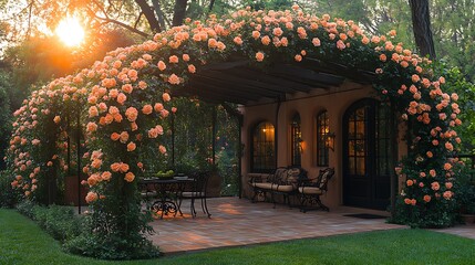 Wall Mural - A sophisticated patio with limestone pavers, wrought iron furniture with elegant curves, beneath a pergola draped in climbing roses, warm sunlight shining through the blossoms,