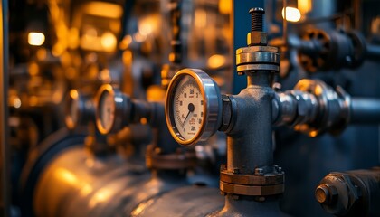 Poster - Close-up of industrial gauges and pipes, illustrating pressure measurement in a mechanical setting.