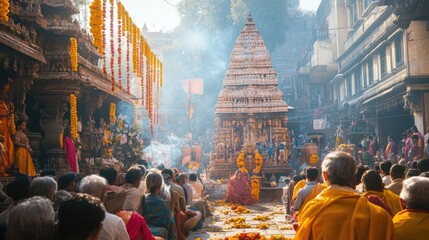 Hindu devotees gather at a temple adorned with flowers for a vibrant religious ceremony, featuring offerings, prayers, and rituals.