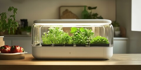 Canvas Print - Indoor garden with a light and fresh herbs.