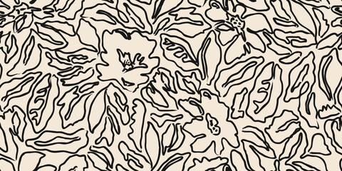 Flower seamless background. Abstract hand drawn lines floral pattern. Modern print in black and white. Ideal for textile design, fabric printing, wallpaper, decoration, cards, and posters.