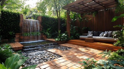 Wall Mural - A tranquil hidden courtyard with irregular pavers, tall hedges creating a private enclosure, a central water feature providing soothing sounds, cozy wooden seating with soft pillows,