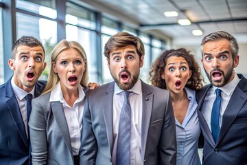 Group portrait of flabbergasted confused business people. Team of corporate employees shocked, baffled and afraid of financial scam, awkward mistake, bad result or different unexpected work situations