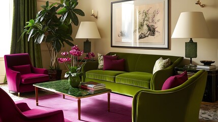 Poster - A modern and stylish living room featuring a harmonious blend of green furniture and magenta accents creating a vibrant and cozy atmosphere
