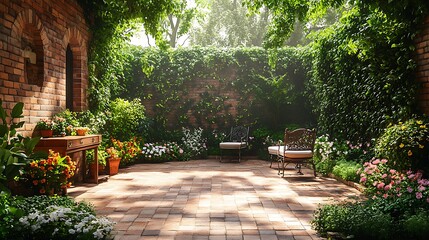 A vintage garden retreat featuring weathered brick pavers, antique wrought iron chairs, climbing ivy on the walls, and wildflowers growing freely throughout,