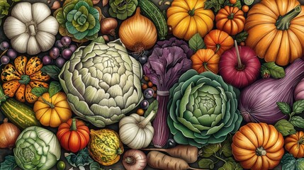 Poster - An array of colorful vegetables including pumpkins, squash, and leafy greens fills the table, showcasing the beauty of autumn's harvest season