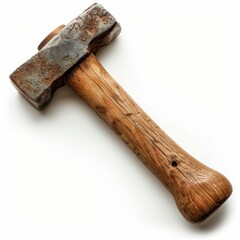 A worn, weathered hammer with a wooden handle sits isolated on a white background.