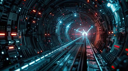 Poster - A futuristic tunnel design featuring vibrant lights, advanced technology, and a sense of depth and motion.