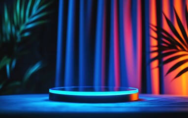 Poster - A vibrant display setup with a glowing circular platform, surrounded by colorful lighting and leafy greenery, perfect for presentations.