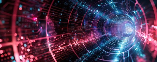 Poster - A vibrant digital tunnel represents innovation and technology, blending colors and light for a futuristic ambiance.