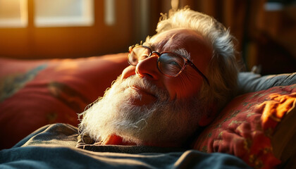 A content elderly man with a full gray beard and glasses lays back, basking in the warm sunlight