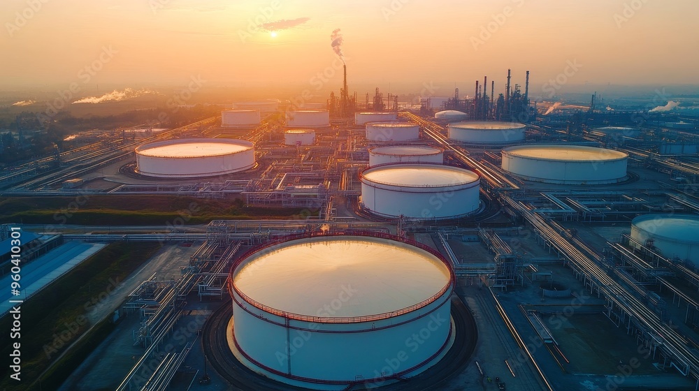 Aerial view of industrial oil storage tanks and refinery at sunset ...
