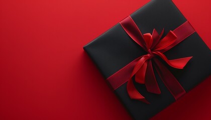 Bold Contrast: Black Gift Box with Vibrant Red Ribbon on Bright Red Background