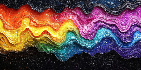 Canvas Print - Abstract colorful waves with glitter and a dark background.