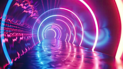 Poster - A vibrant neon tunnel with luminous lights creating a dynamic ambiance, perfect for futuristic and abstract themes.