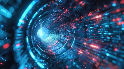 Poster - Vibrant digital tunnel showcasing dynamic lights and data patterns, ideal for technology and futuristic themes.