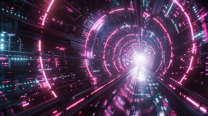 Poster - A futuristic tunnel illuminated by vibrant neon lights, creating an immersive and dynamic visual experience.