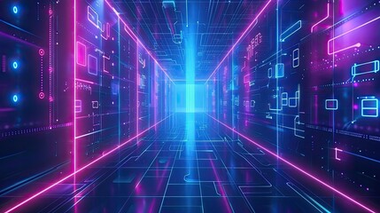 Poster - A futuristic corridor illuminated by vibrant neon lights, showcasing a blend of technology and imagination in a digital landscape.