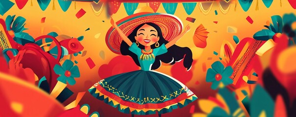 Mexican woman in traditional attire dancing amidst festive decorations: an illustration