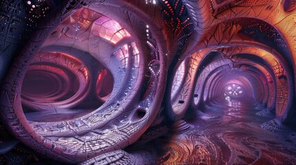 Poster - A vibrant and surreal interior space featuring intricate patterns and glowing elements, evoking a sense of wonder and exploration.