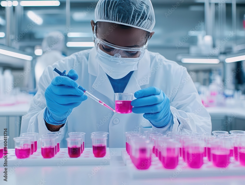 Researcher analyzing cell cultures in a sterile, futuristic biotech lab ...